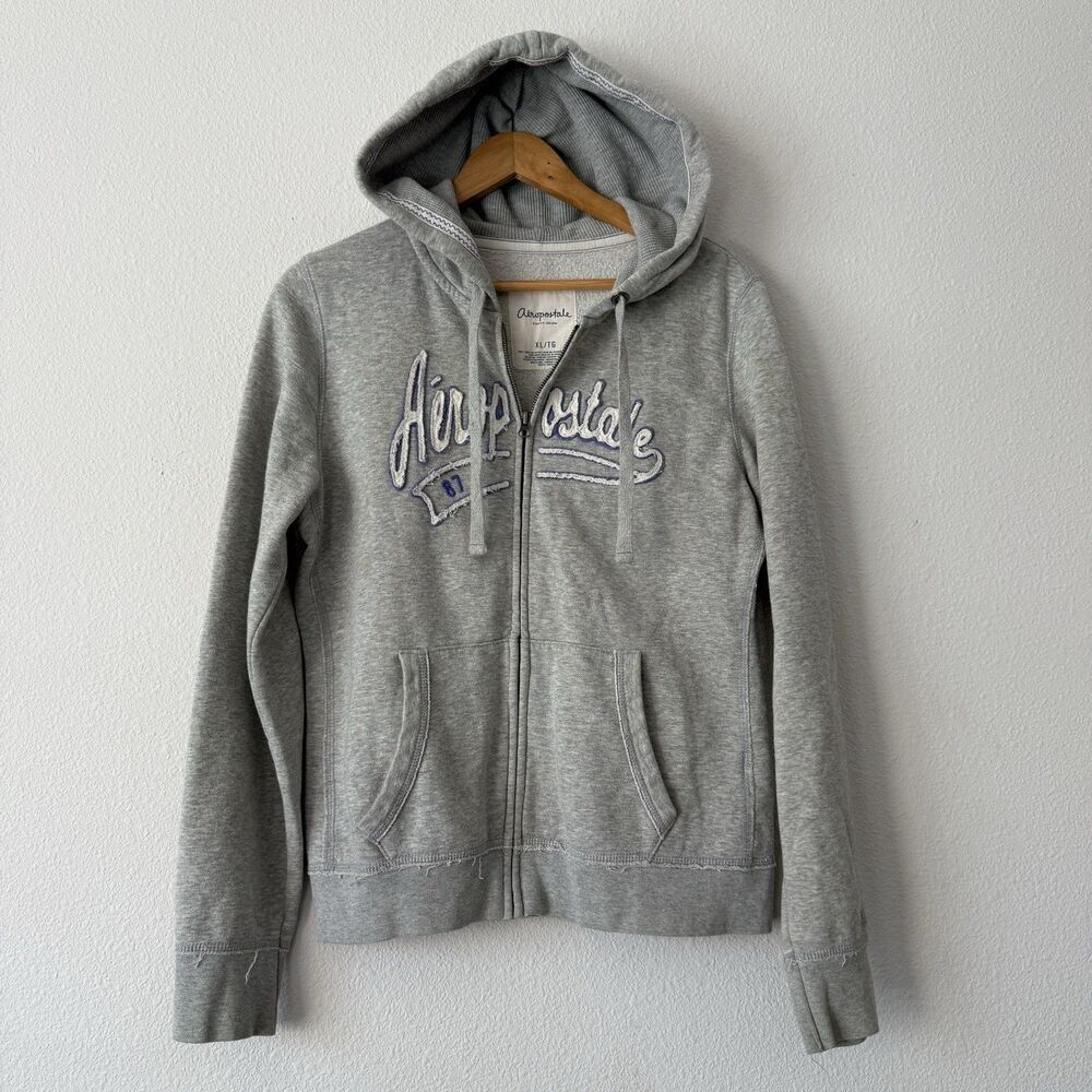 Aeropostale 87 Hoodie Kids XL Gray Full Zip Embroidered Logo Sweatshirt
